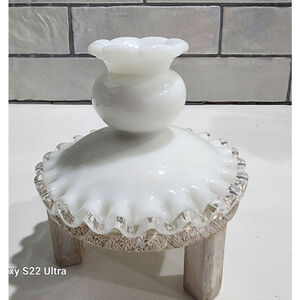 Fenton White Milk Glass Ruffled Edge, Silver CREST, Candle Holder